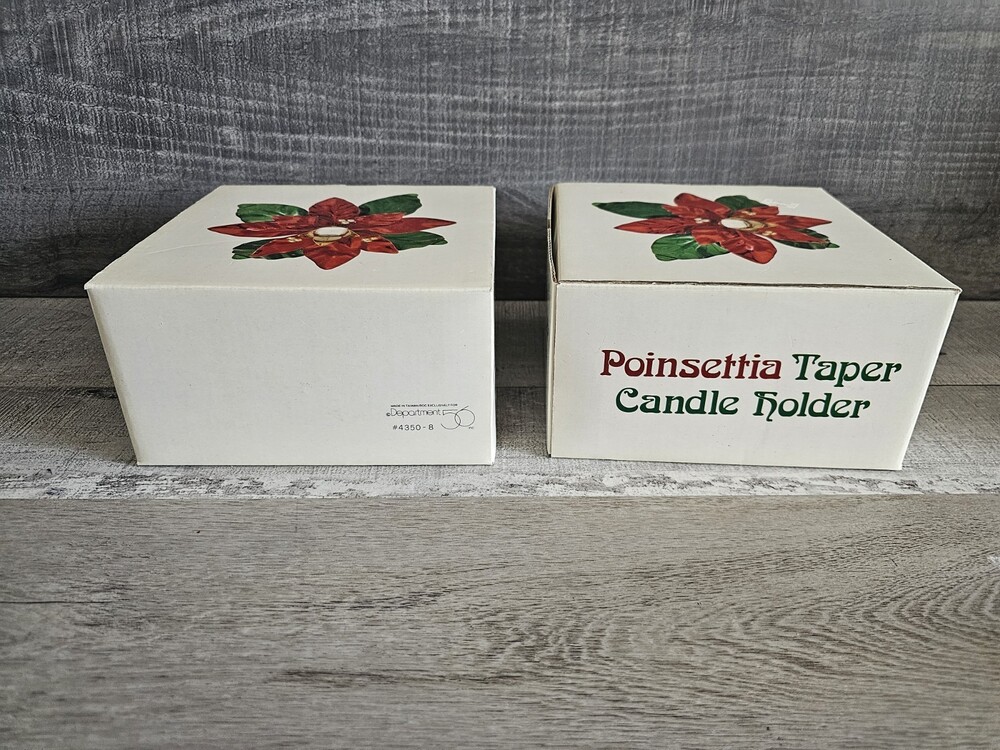 Dept 56 Metal Poinsettia Taper Candle Holder Red Green Gold with Box Lot of 2